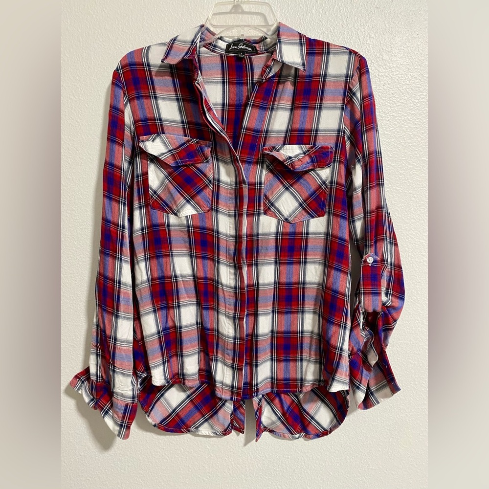 Sam Edelman Red White & Blue Plaid Button Up Top sz S EUC
